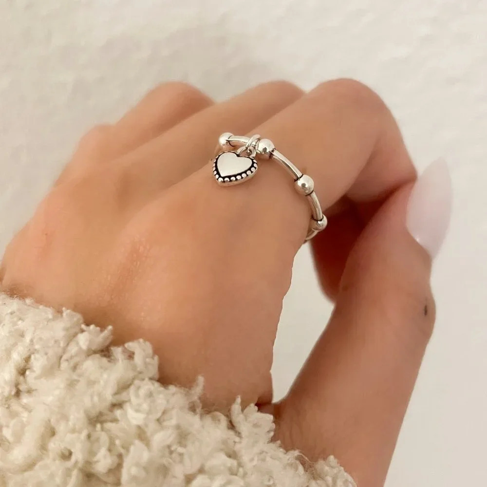 925 Sterling Silver Dangle Heart Ring Dainty Bead… - image 6